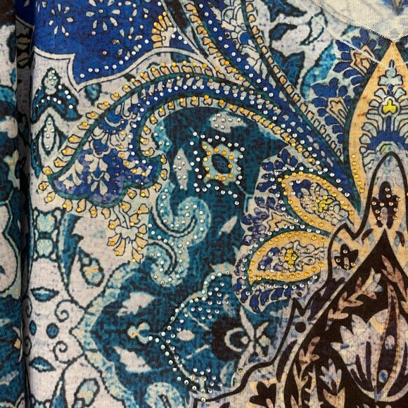 Chico's 0 Small Knit Top Shirt Blue Yellow Multi Crystals Studs V Neck Blouse - Picture 5 of 8